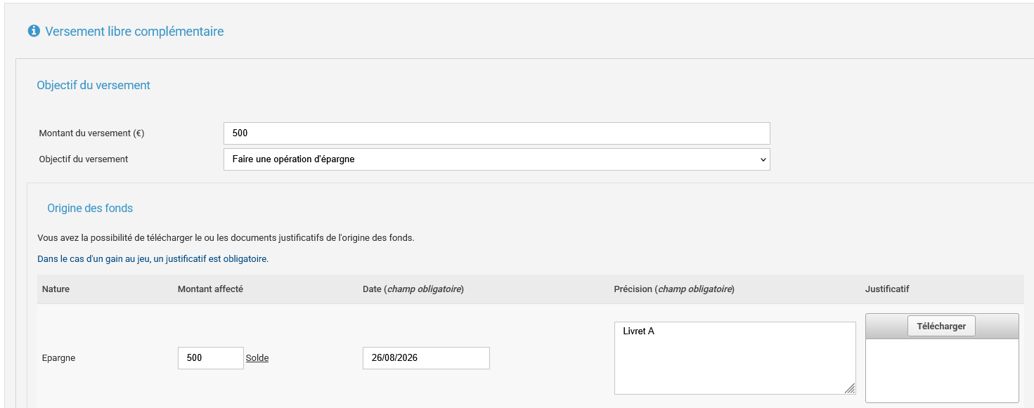 renseigner les informations sur ton versement