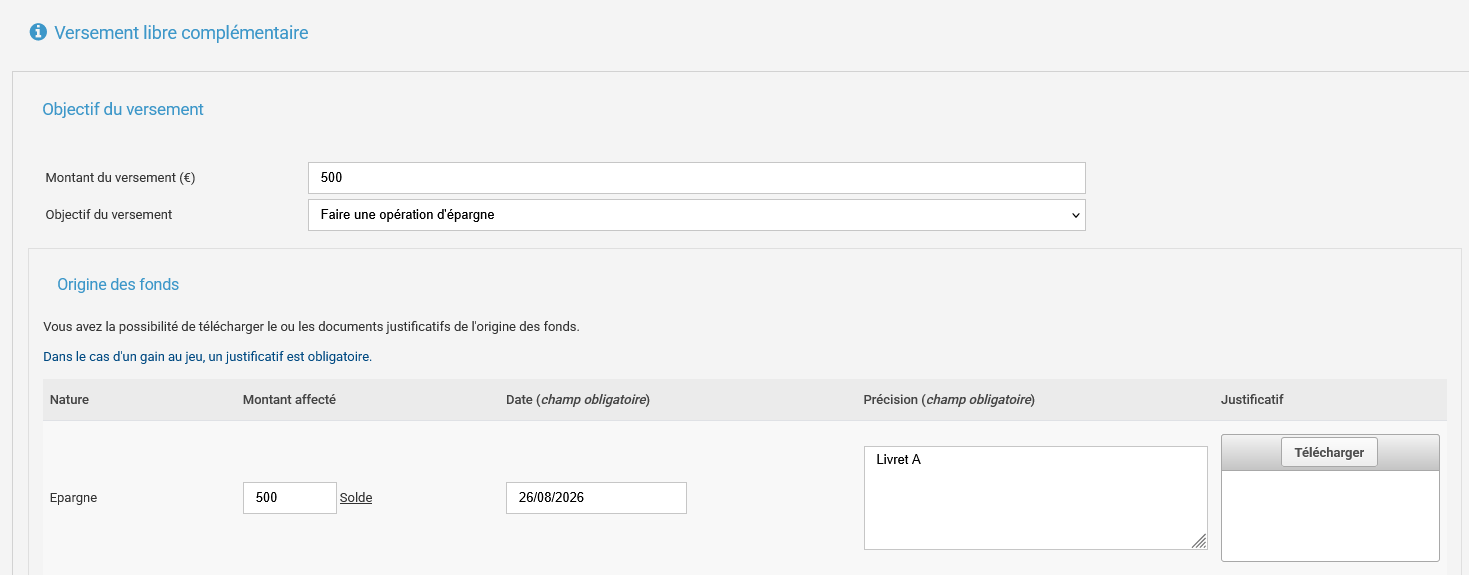 renseigner les informations du versement